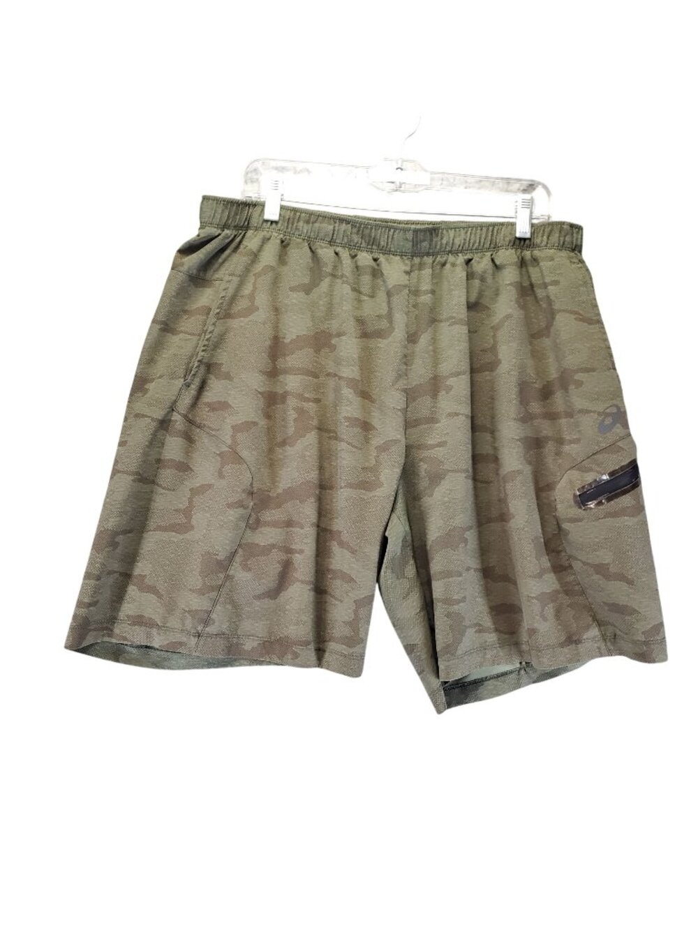 Asics Shorts Mens XL Green Camouflage Elastic Waist Zip Pocket Activewear